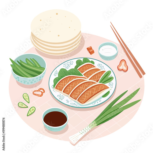 Roasted duck slices served with thin pancakes scallions and cucumber on traditional blue patterned plate vector illustration of peking duck chinese dinner setting.