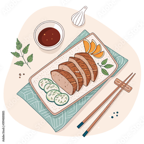 Grilled meat loaf slices on rectangular ceramic plate with lotus root and garlic cloves vector illustration of modern fusion cuisine served on patterned green fabric.