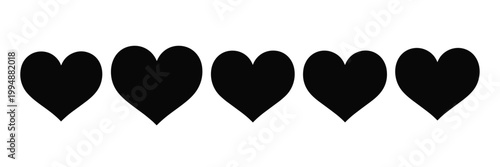 Five Black Hearts in a Row on White Background love