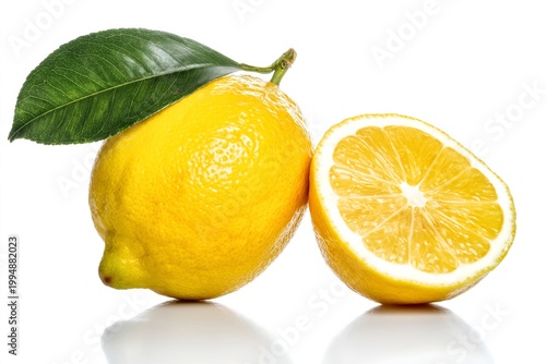 Fresh Lemon With a Green Leaf Beside a Sliced Lemon on a Plain White Background
