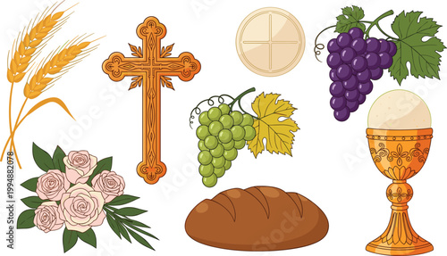 Christian Communion and Easter Symbols Vector Set with Ornate Cross, Chalice, Bread, Grapes, Wheat, Roses, Egg and Host for Religious Designs