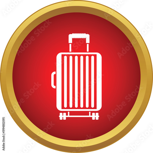 White wheeled luggage icon centered in a red circular button with golden rim