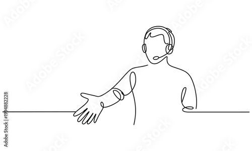 Friendly person wearing a headset with microphone speaking.