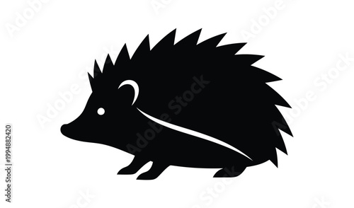 Silhouette Illustration Of A Hedgehog, Black And White Vector Image, Isolated On White Background, Wildlife Concept.