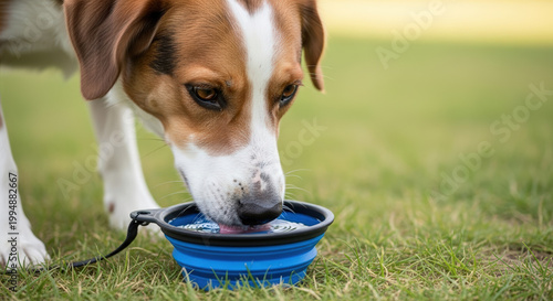 Thirsty dog drinking water from a bowl with an eager expression against a vibrant green lawn background for pet care advertisements.