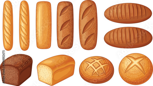 Assorted Bread Loafs, Rolls, and Bakery Products Vector Set for Culinary, Food, Restaurant, and Baking