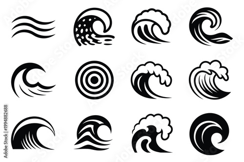 Sea underwater line formation tidal foam horizontal wave vector icon, ocean wave symbols, clean linear water patterns