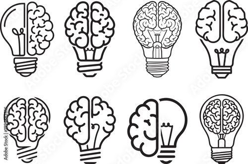 Brain Light Bulb Vector Set for Mental Health Innovation Psychology Idea Inspiration Brainstorming Knowledge Power Logic Intellect Solution Design