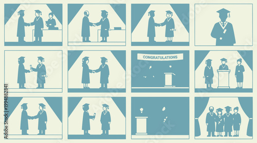 A comprehensive visual narrative depicting graduation ceremonies, showcasing diverse students receiving diplomas and celebrating academic achievements on stage