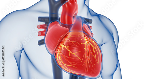 A detailed illustration of a human heart with veins and arteries visible, set against a transparent torso.