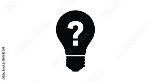 A stark black silhouette of a lightbulb contains a white question mark symbolizing uncertainty and ideas high quality