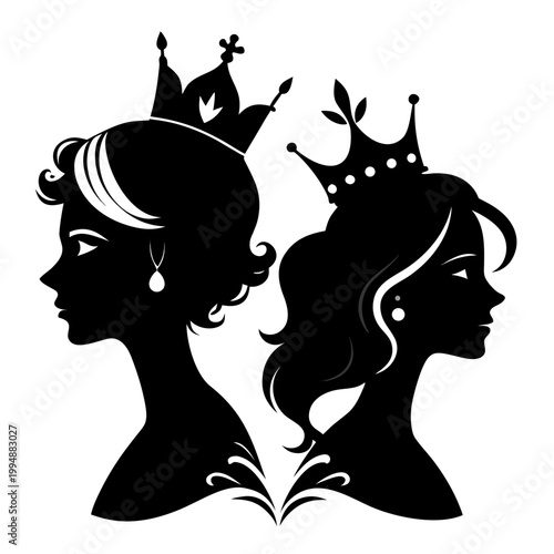 Black silhouettes of female heads with crowns .vector icon