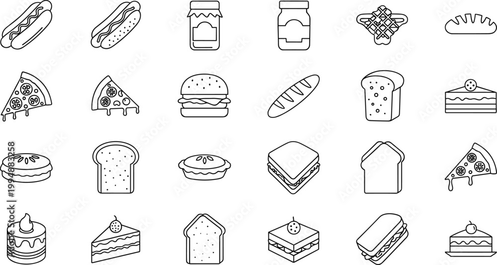 Fototapeta premium Fast Food and Snack Vector Set Featuring Hot Dogs, Pizza, Sandwiches, Cake, and Other Delicious Treats for Culinary and Food