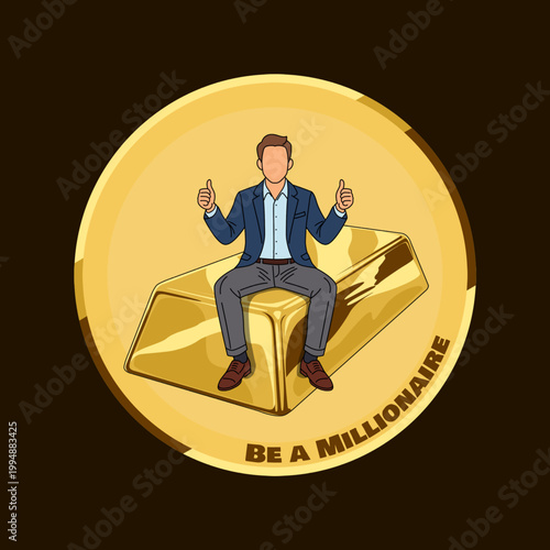 A stylized illustration of a suited visionary seated atop a pristine gold bullion ingot within a golden emblem frame. Ascendant wealth Manifest. Be a Millionaire Day, May 20th
