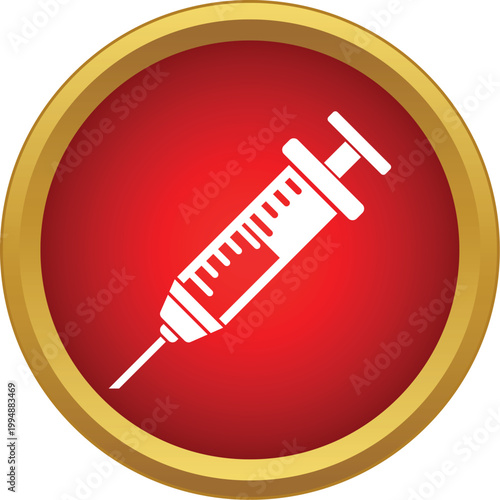 Syringe full with liquid medicine administering injections in a round red icon