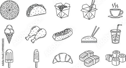 Food Vector Set Featuring Pizza, Tacos, Ice Cream, Sushi, and Other Delicious Snacks for Culinary, Restaurant, and Food