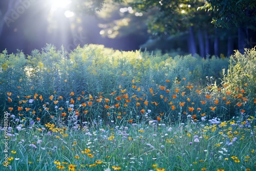 Butterflies Flying Over Colorful Flowers in a Bright Garden During the Day