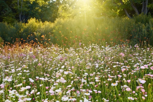 Sunlight Shines on a Field of Wildflowers in a Garden During the Day
