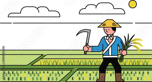 Asian farmer with sickle and rice harvest in paddy field, sunny day, flat illustration
