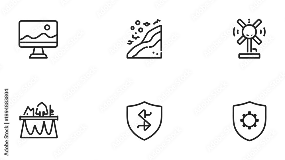 Fototapeta premium Environmental Icon Collection: A set of six unique outline icons, each representing a facet of environment, energy, security, finance, and ecology.