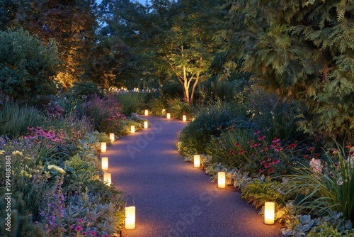 Garden Path With Lanterns Lighting the Way Through Flowers During Evening Hours