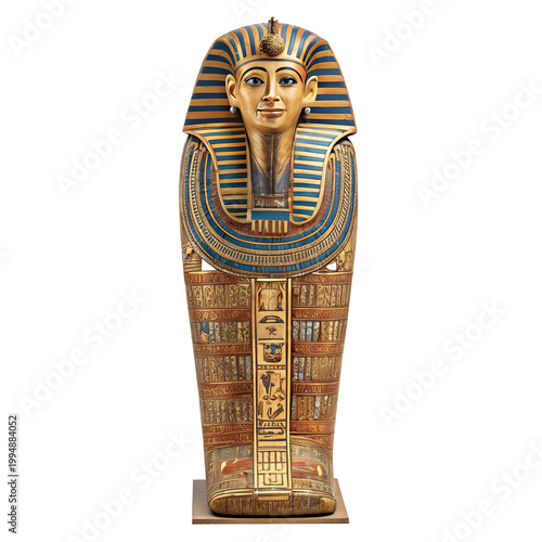 Golden Pharaoh Mummy Sarcophagus with Intricate Blue and Gold Hieroglyphics