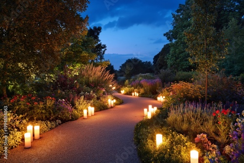 Pathway Through Garden Lit by Lights During Evening