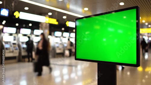 Green screen display for advertisement mockup in busy airport terminal with blurred passengers