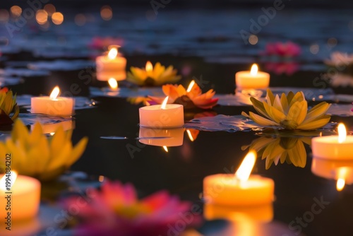 Floating Candles and Lotus Flowers Illuminate a Pond in Evening Light During ...