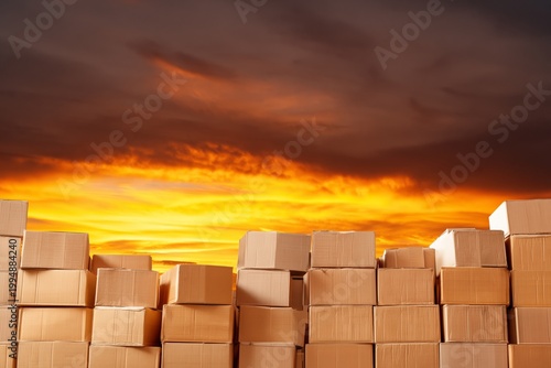 Sunset View Behind Stacked Cardboard Boxes at a Shipping Yard