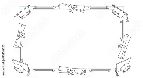 Educational graduation border frame featuring hand drawn academic symbols like mortarboard caps rolled diplomas and pencils arranged in a decorative rectangular outline on a clean white background