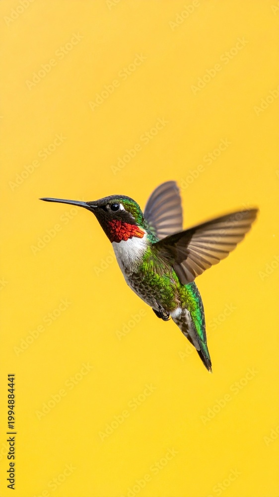 Fototapeta premium Male Ruby-throated Hummingbird in Flight Against a Solid Yellow Background