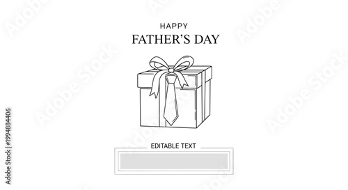 Happy father's day greeting card design featuring a hand drawn sketch of a gift box wrapped with a necktie ribbon accessory on a clean white background with space for custom editable personal text