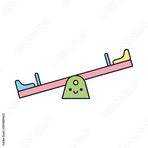 A cartoon illustration of a smiling green seesaw with blue and yellow seats on a pink base, isolated on a white background, conveying fun and playful balance.