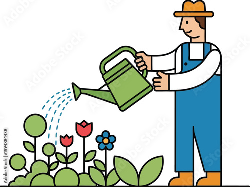 Gardener watering colorful flowers in a garden with a watering can, flat design