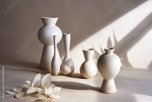 Four White Vases Arranged on a Table With Shadows and Light Creating a Simple...