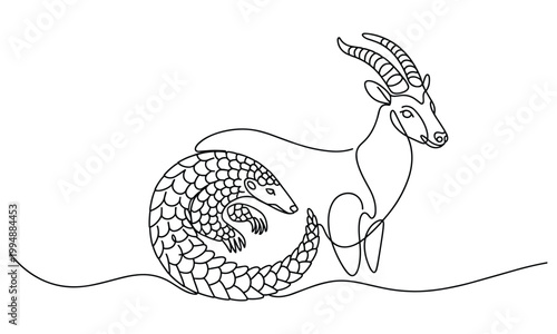 Continuous line drawing of an antelope and pangolin together.