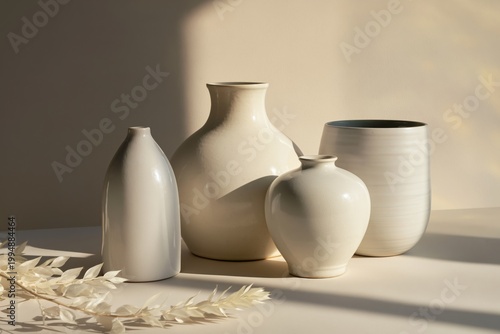 Ceramic Vases on a Table With Dried Leaves in Bright Light During the Afternoon