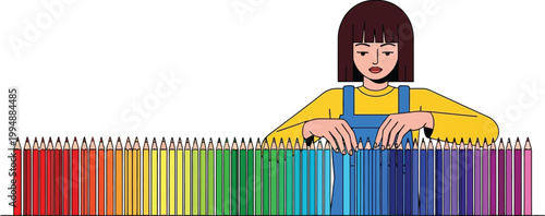 Young Artist Choosing Colored Pencils from Rainbow Spectrum