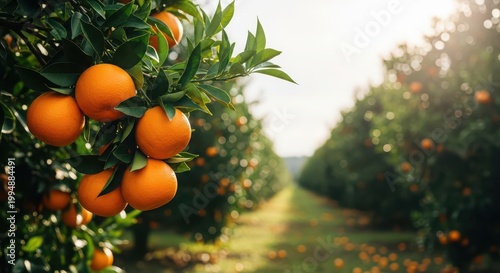 Oranges, citrus fruits, orchard trees, green leaves, sunny agriculture landscape