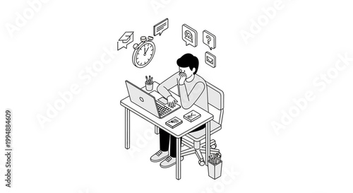 Isometric Line Art Illustration of a Man Working on a Laptop at a Desk with Time Management, Education, and Communication Icons; Concept for Freelance, Study, and Productivity