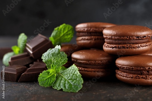 Chocolaty Macaron Stack With Mint Leaves and Dark Chocolate Pieces on a Dark ...