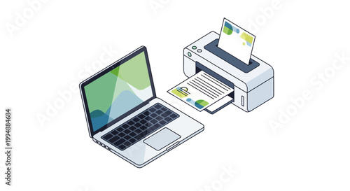 Isometric Illustration of Laptop and Printer Printing Business Document on White Background