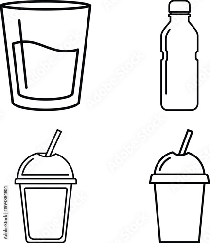Four common beverage containers illustrated simply
