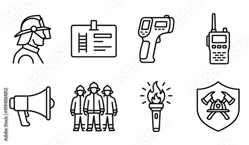 Fire department professional icons set featuring rescue gear and personnel firefighter emergency equipment thermometer