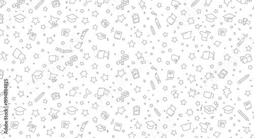 Gray icons of stars graduation caps and school supplies on a white background symbolizing education and learning