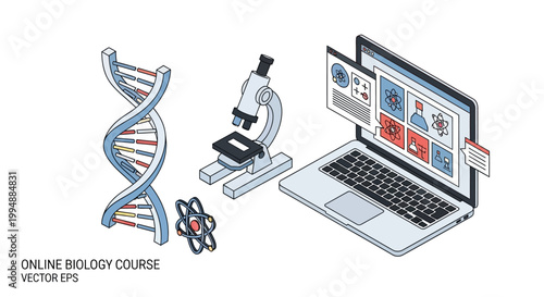 Isometric Online Science and Biology Course Concept with Laptop, Microscope, DNA Helix and Atom Illustration