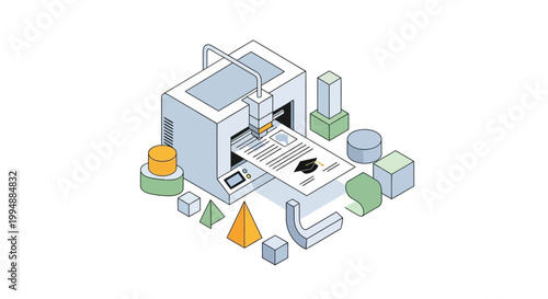 Isometric 3D Printer Printing Graduation Document and Educational Content with Geometric Shapes, STEM Learning and Digital Prototyping Concept