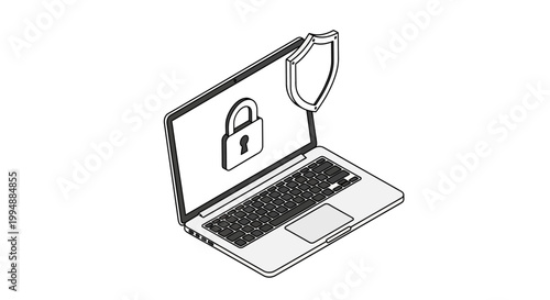 Cybersecurity and Data Protection Concept, Isometric Laptop with Padlock and Shield Line Art Illustration for Digital Security and Privacy