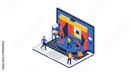 Isometric Virtual Theater Performance on Laptop, Digital Streaming and Online Entertainment Concept